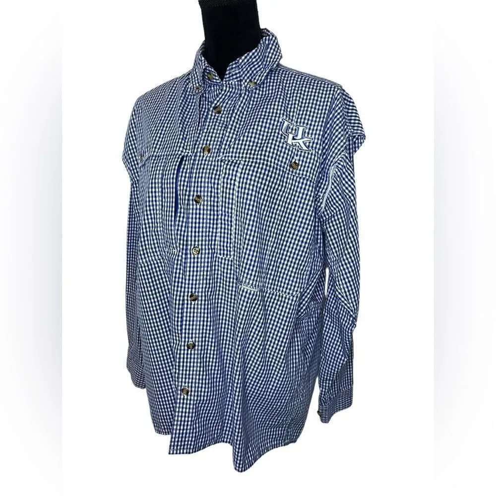 DRAKE UNIVERSITY OF KENTUCKY BLUE CHECKERED BUTTON UP WINGSHOOTERS SHIRT SIZE S‎